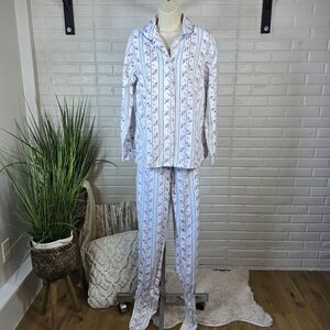 Vintage Carriage Court White Blue Floral Flannel Pajama Set Size Medium